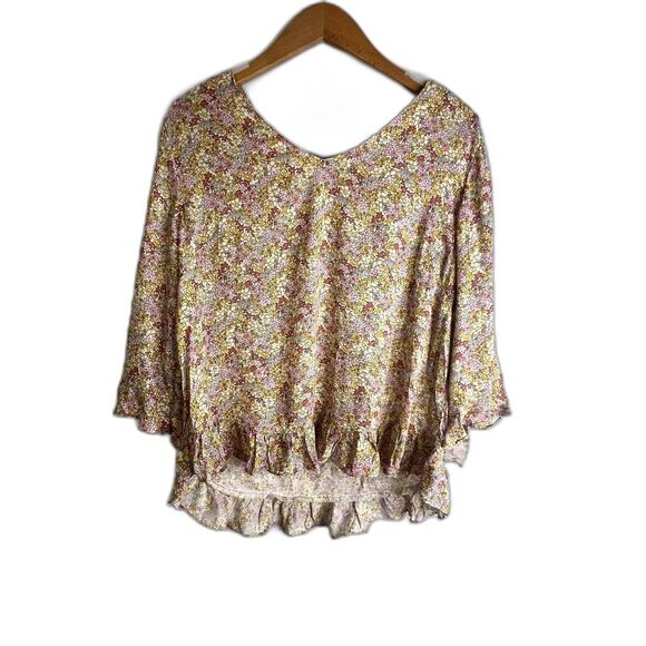 Rachel Zoe Cream Floral Print Boho Peasant Top with Ruffle Trim Size Large - Picture 1 of 9